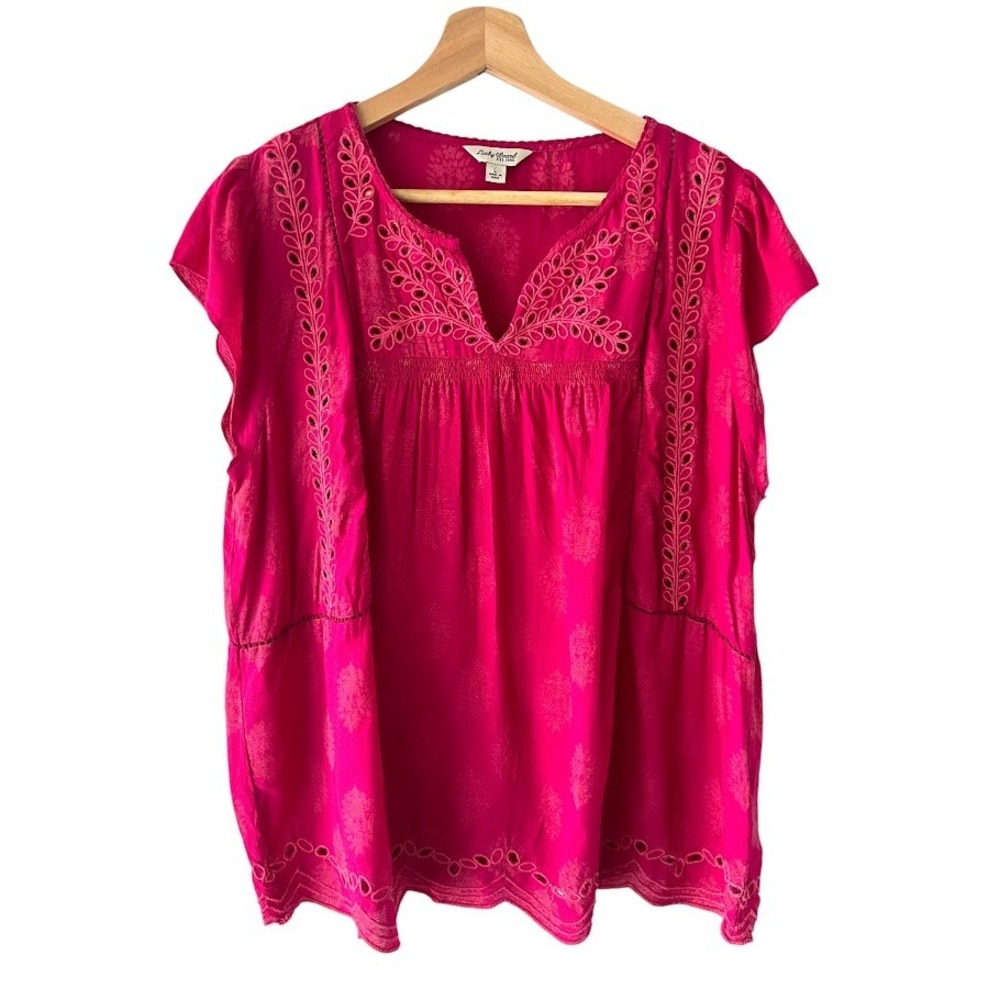 Lucky Brand Pink Eyelet Embroidered Flutter Sleeve Boho Blouse Top Womens Large